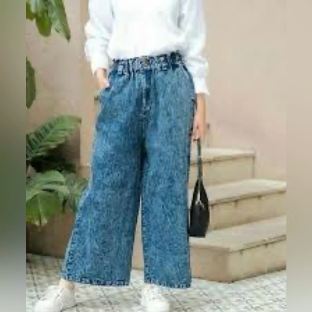 People pleated High Rise Blue Acid Wash Wide-Leg Jeans Size 28 - Picture 2 of 13